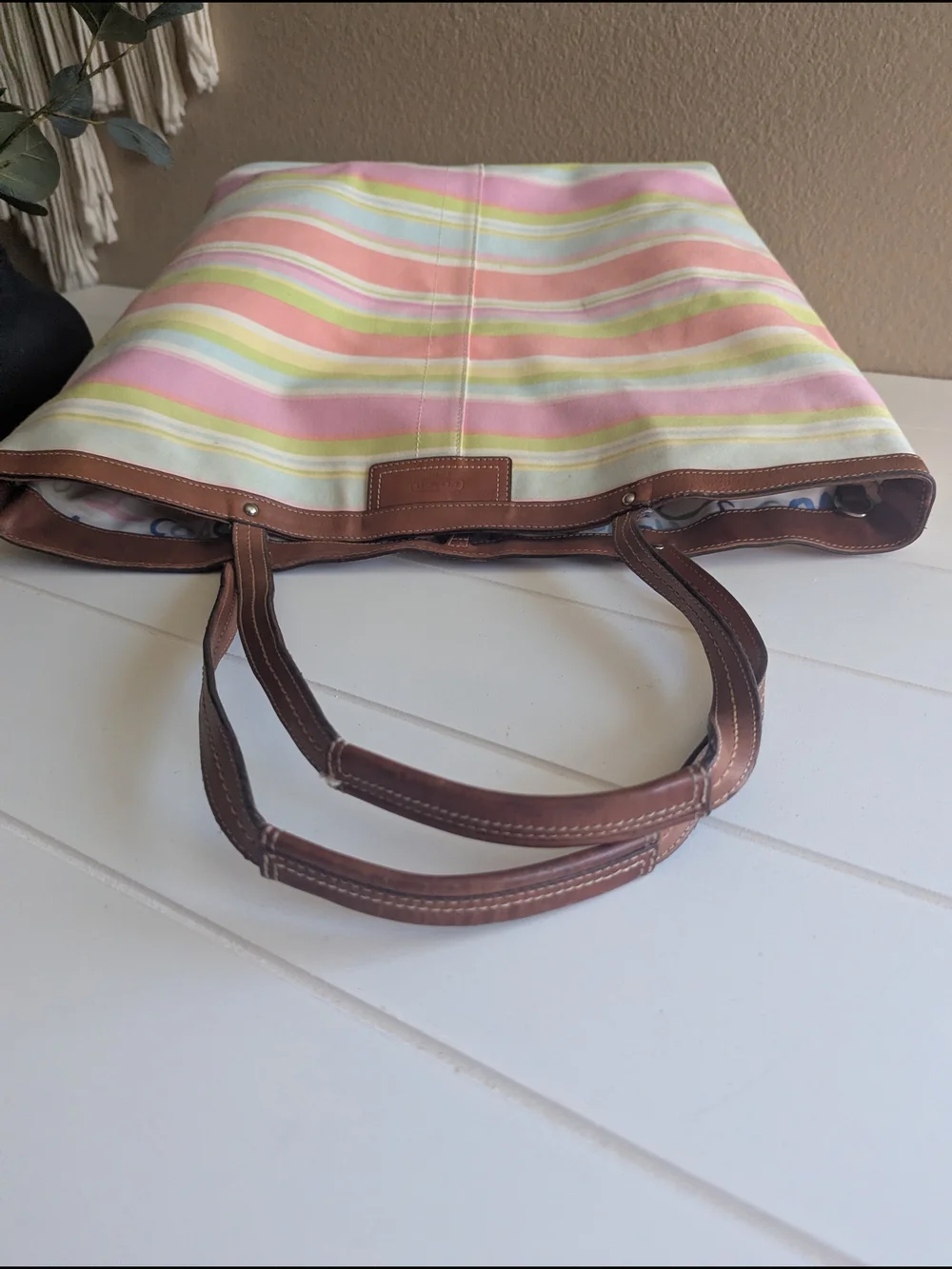 vintage Coach Hampton Pastel Striped Canvas Tote Bag